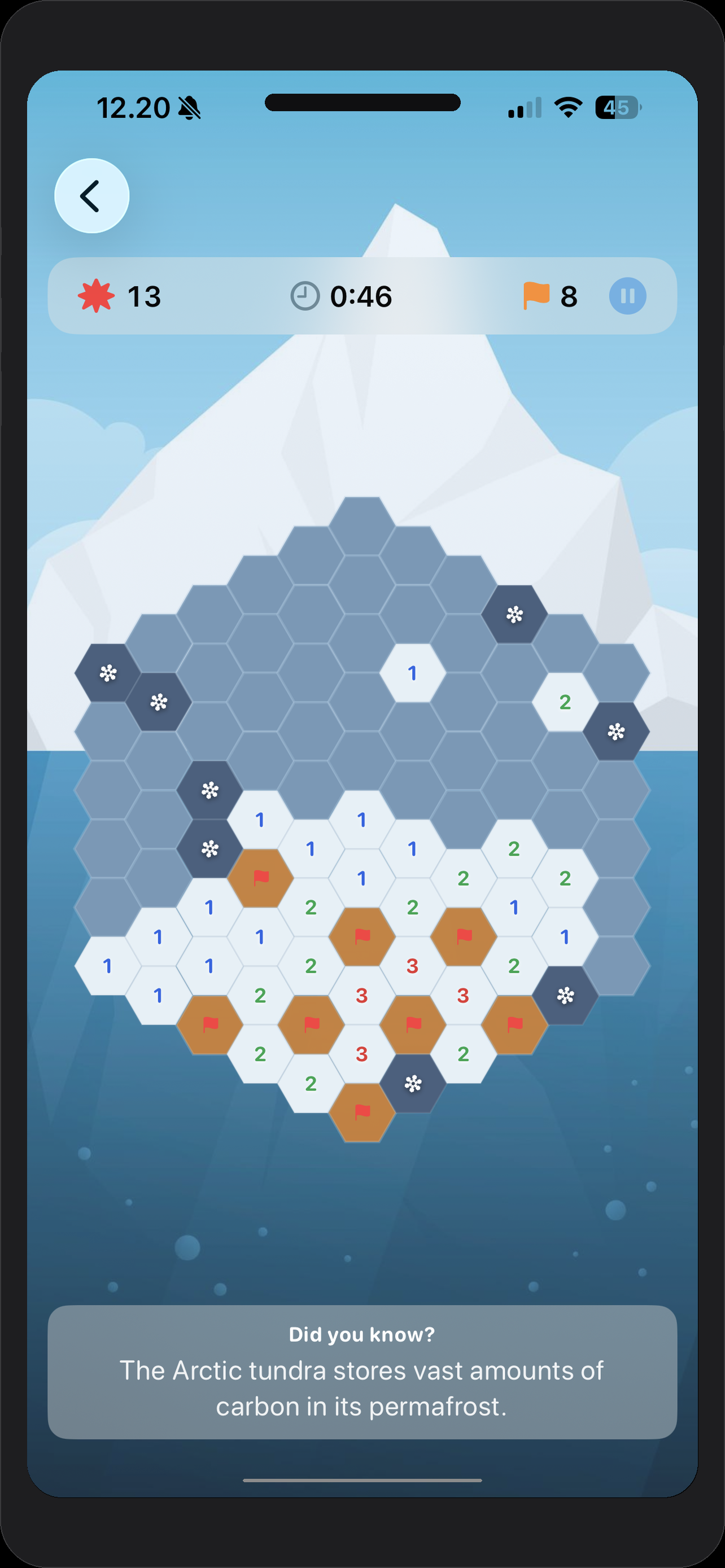 Hexposed Arctic hex grid gameplay with flags, numbers and obstacles