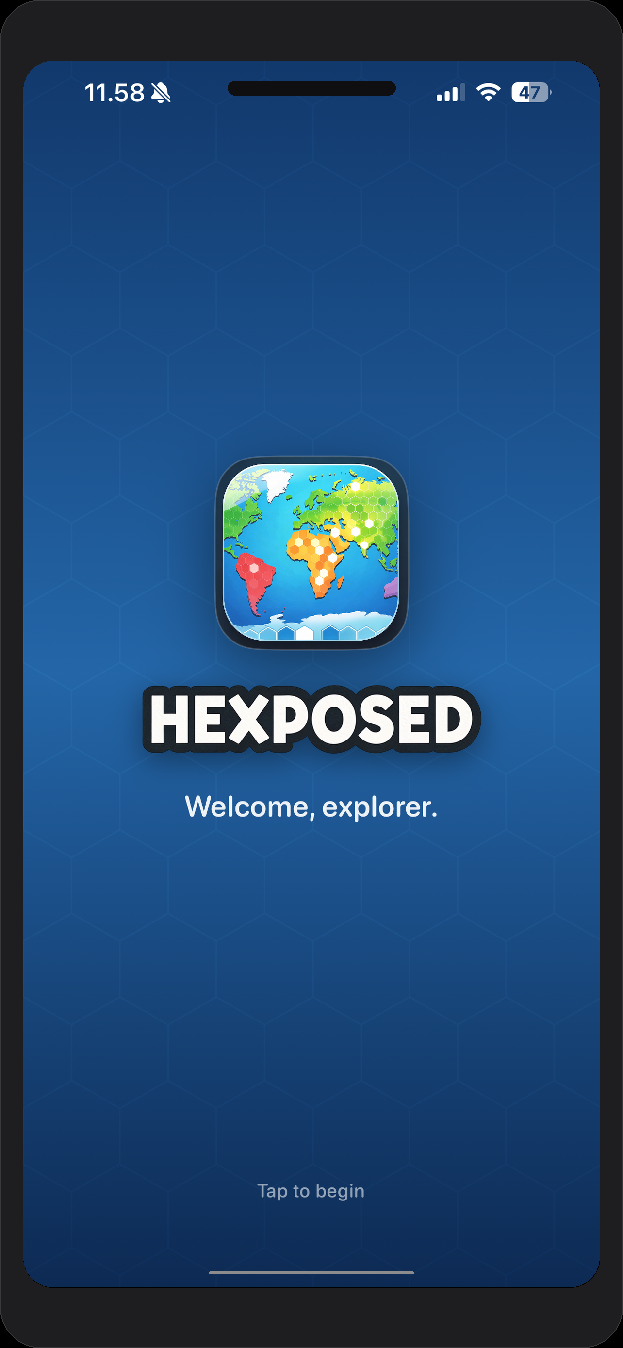 Hexposed welcome screen — tap to begin