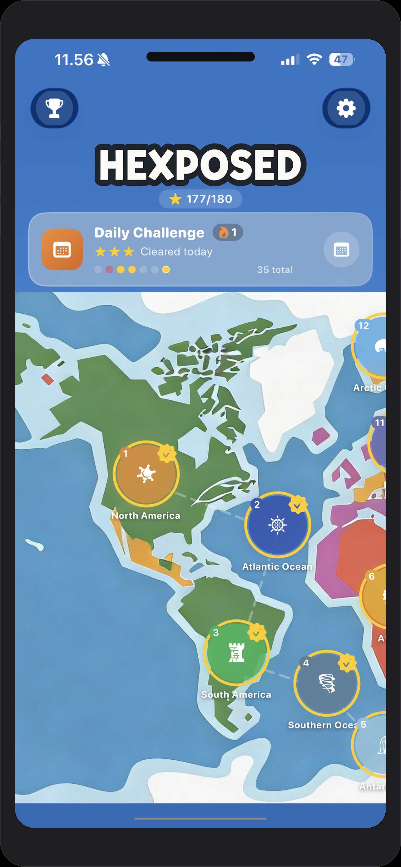 Hexposed world map with zone progress and Daily Challenge