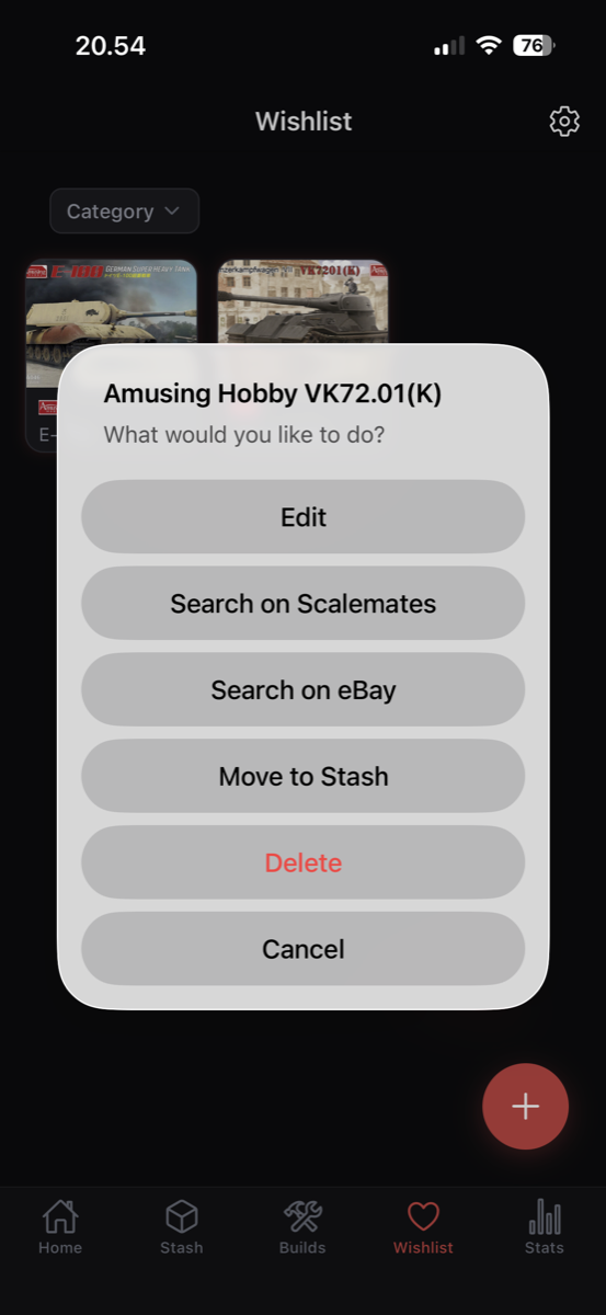 Kitpick wishlist with action menu