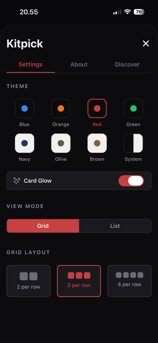 Kitpick settings with themes and layout options