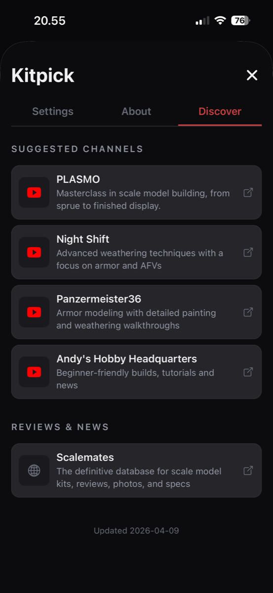 Kitpick discover tab with suggested channels